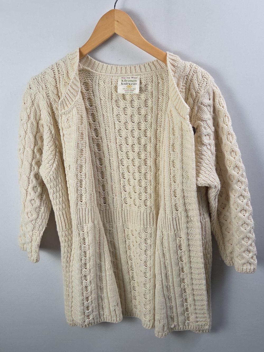 Kilronan Knitwear Ivory Merino Wool Cable-Knit Button Cardigan Sweater Sz S - Picture 9 of 10